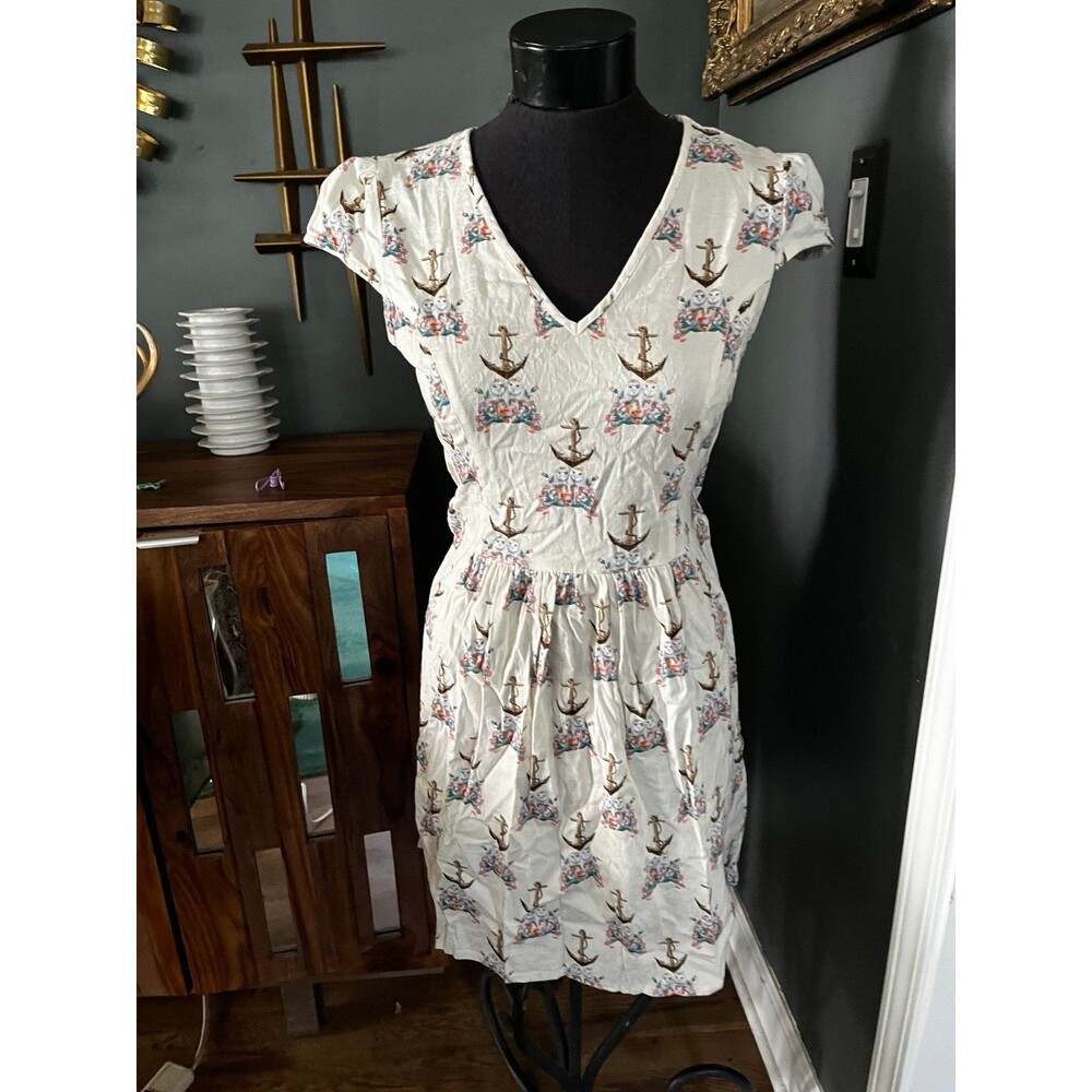 Antit Anthropologie Dress with Owls Floral & Anchors Cottage Core Open Back Sz S